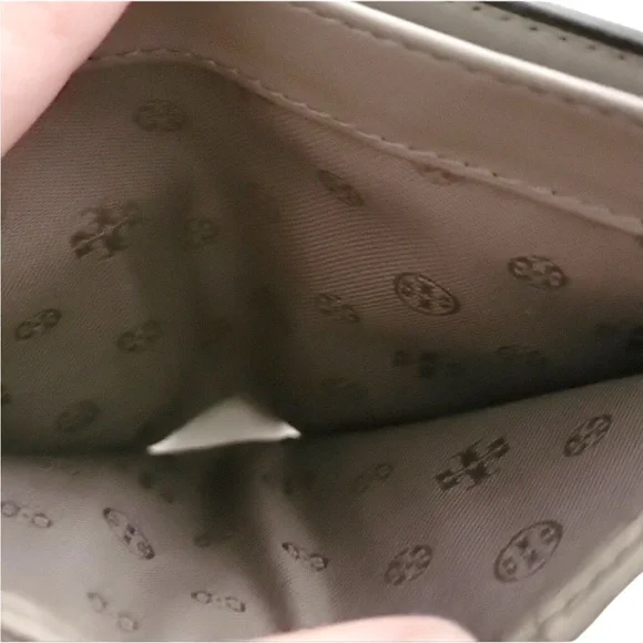 Tory Burch Mini Wallet Peace Sign Heart Embroid Brown Gray Leather 6 Card Slots